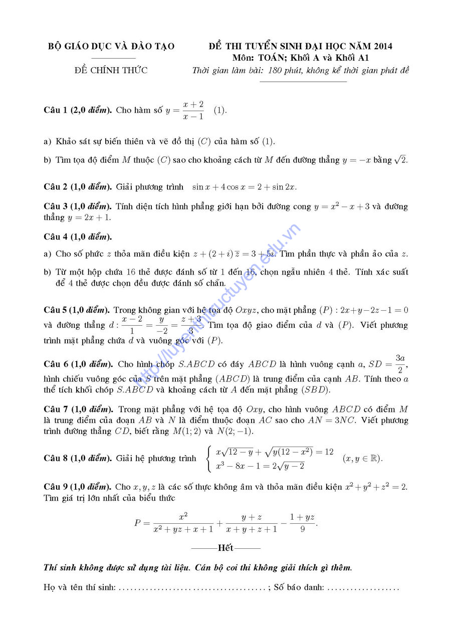 Đề thi đại học môn toán khối A - A1 năm 2014 chính thức từ bộ GD&ĐT