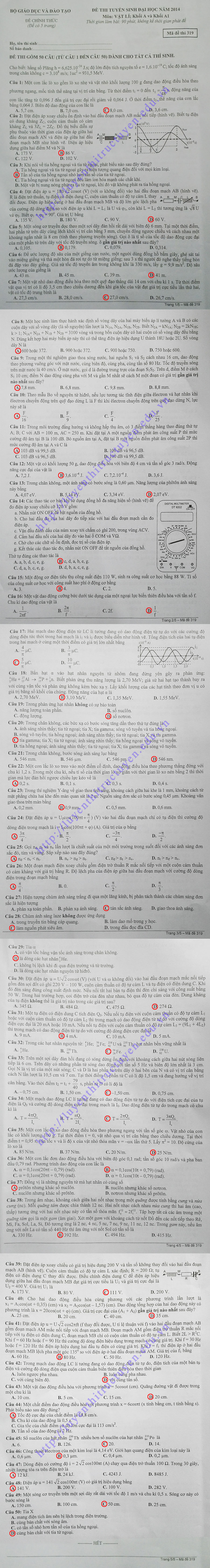 Đáp án đề thi đại học môn lý khối A 2014 - Mã đề 319